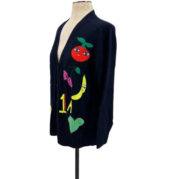 Maison Common Cardigan Sweater Fruit Print Navy Blue Merino Cashmere Size Medium - Picture 6 of 14